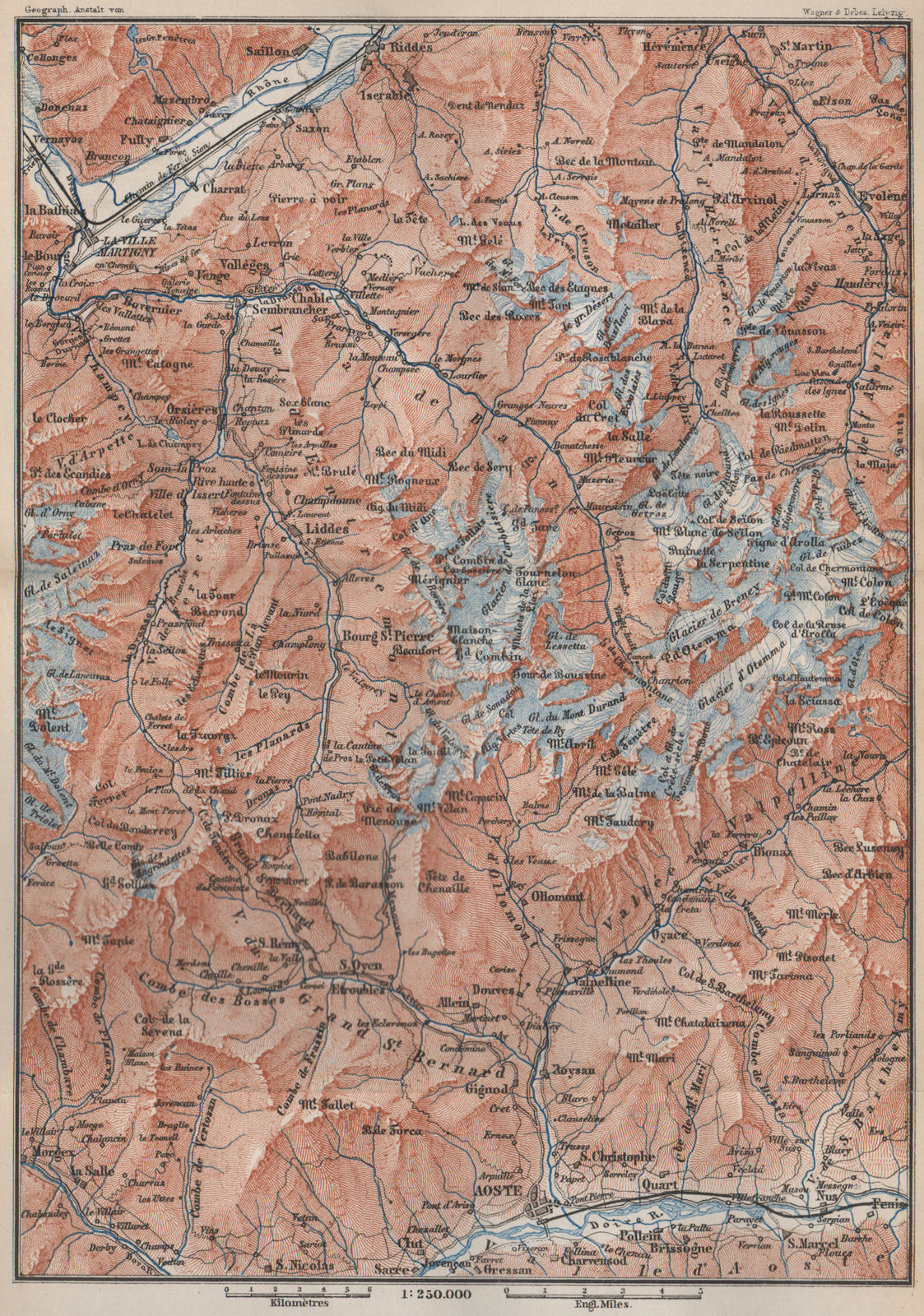 GRAND ST BERNARD AREA. Martigny-Aosta. Verbier Liddes Valais Topo-map 1889